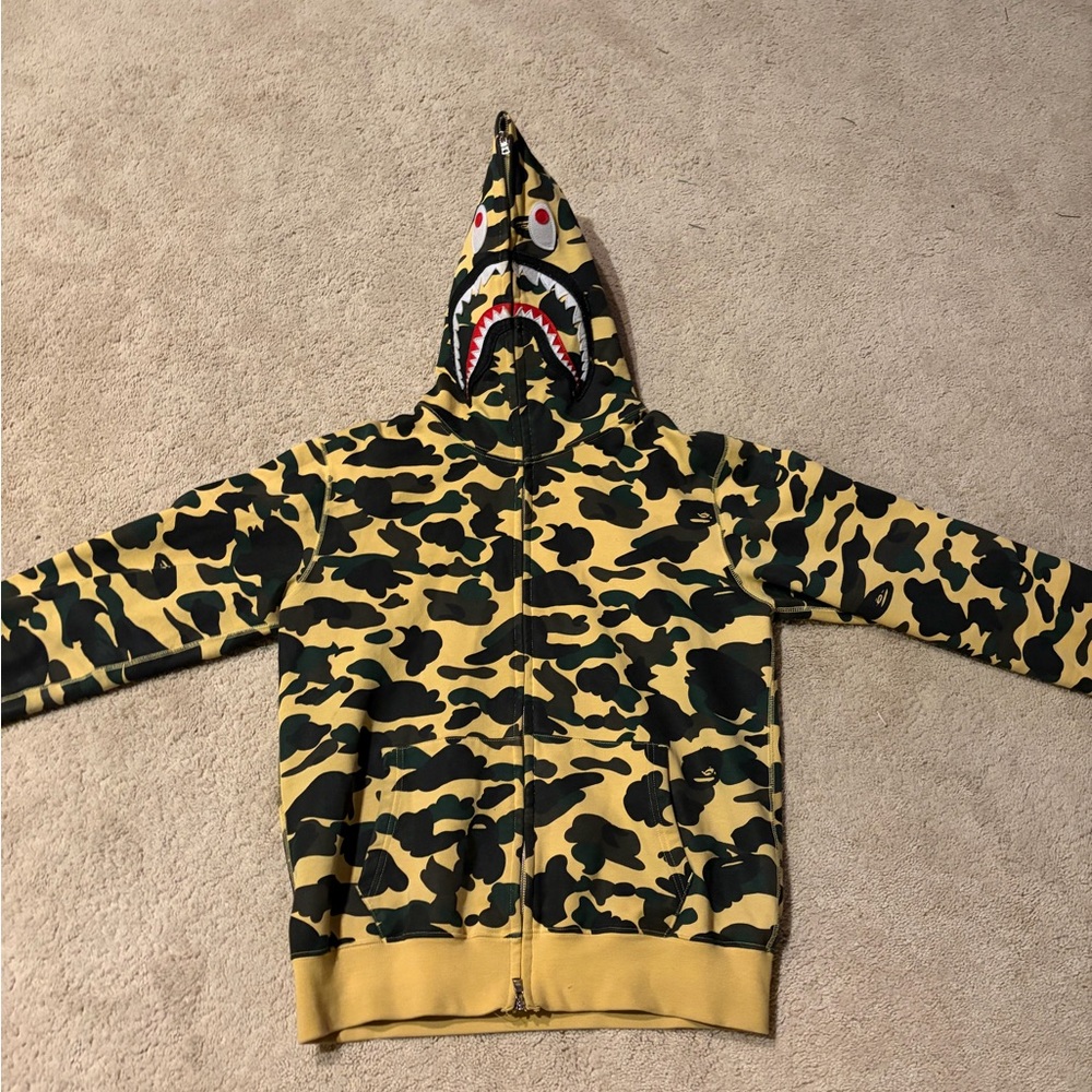 Bape Yellow and Black Camo Shark Zip-Up Sweater